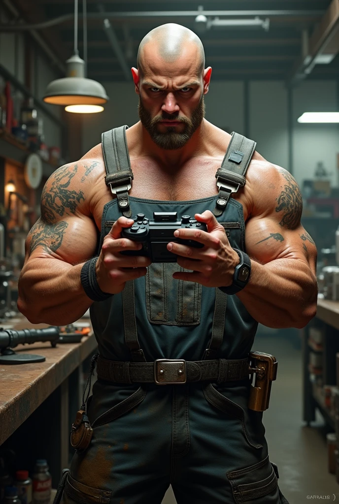 Fat muscular shaved gamer mechanic