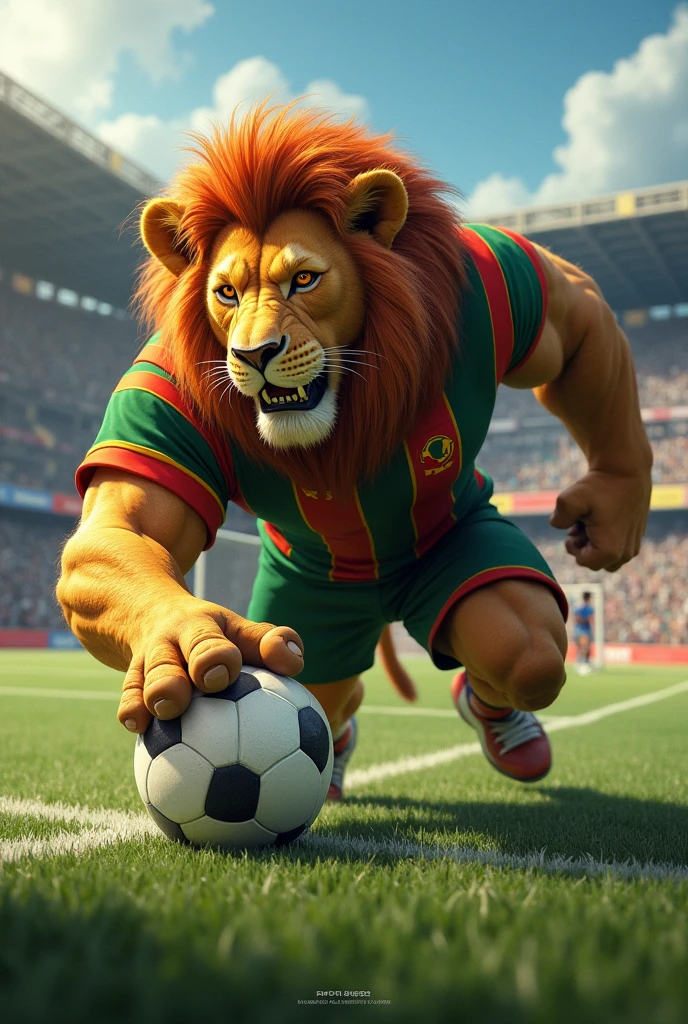 Create a muscular lion playing soccer. The lion should have a strong, athletic appearance, with well-defined muscles. He must be wearing a football uniform in green, red and yellow. The pose must be standing facing forward. The background should be a detailed football field, with a game atmosphere