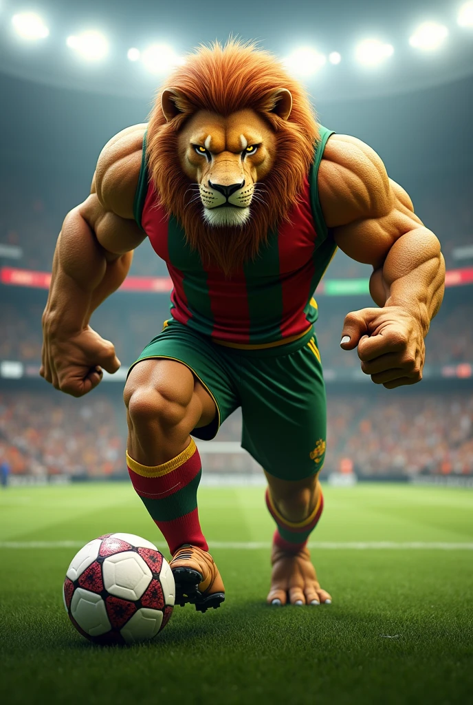Create a muscular lion playing soccer. The lion should have a strong, athletic appearance, with well-defined muscles. He must be wearing a football uniform in green, red and yellow. The pose must be standing facing forward. The background should be a detailed football field, with a game atmosphere