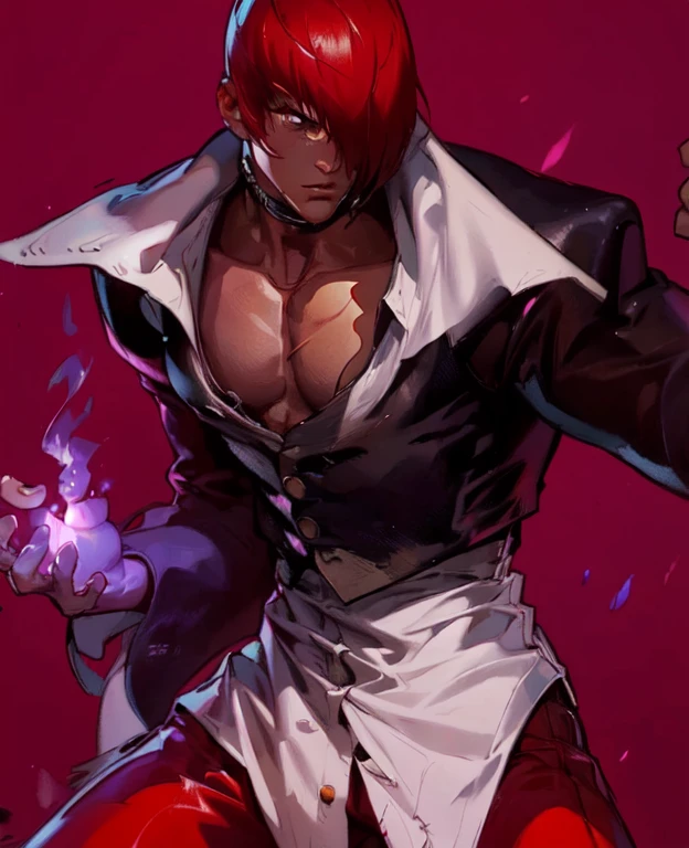 (The best quality,4k,High Resolutions:1.2),ultra detailed,(realist:1.37),1boy,only, Iori Yagami KOF,Iori Yagami,,Fiercely flowing red hair waving in the wind,black leather vest that fits perfectly to his muscular frame,white nightgown fluttering around him,red pants hugging her legs,black shoes shining with elegant polish