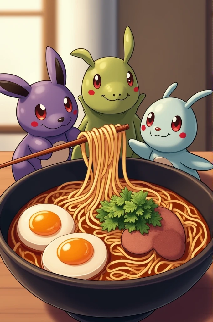 Create an image with the 4 pokemon eating ramen the pokemon are ratta shellder,
beedrill,
magic