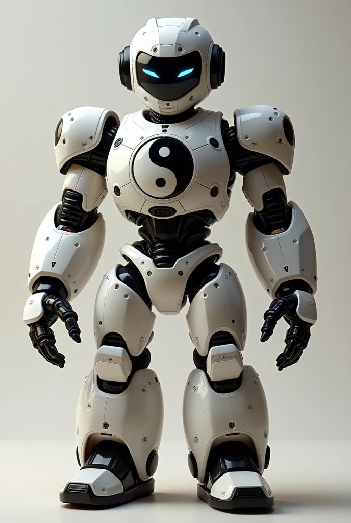 REPEAT THE SAME MODEL!!! create an image of an animated robot with the ying yang on its chest 


