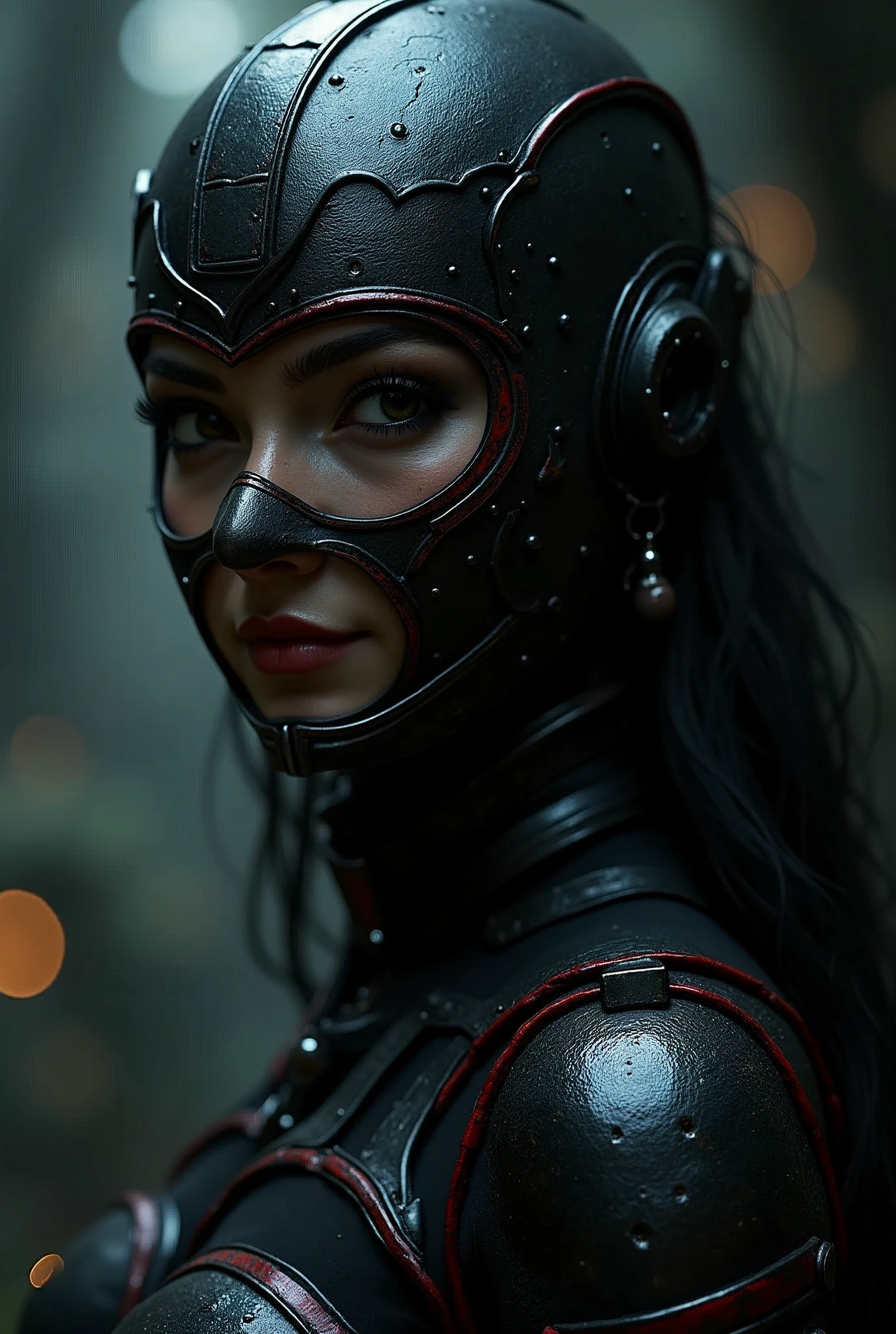 1woman, (dark theme:1.4), pose, close up on face, exoskeleton, samurai armors style with katana , , mask on, from side, smile, red trim on body, (lens flare, backlighting:1.4) dark cave, realistic, photorealistic,, portrait, looking at viewer,, (masterpiece:1.2), (best quality:1.2), (very aesthetic:1.2), (absurdres:1.2), (detailed background),newest, intricate details,