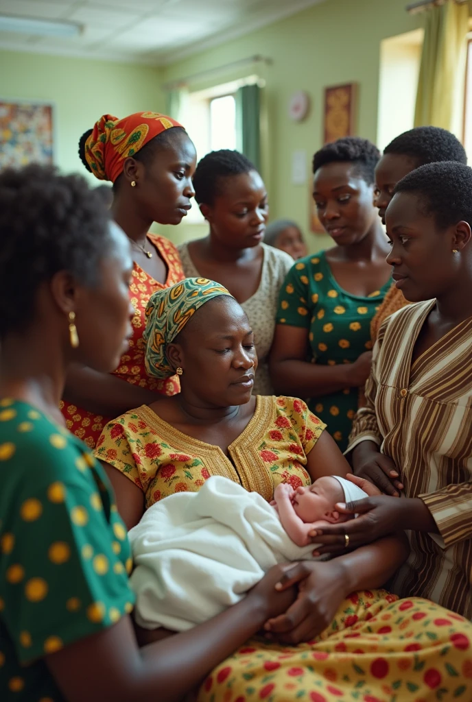 Group of Nigerian women giving birth in the hospital around the early 2000s in a place that looks safe. Make the image 16 by 9 in aspect ratio.