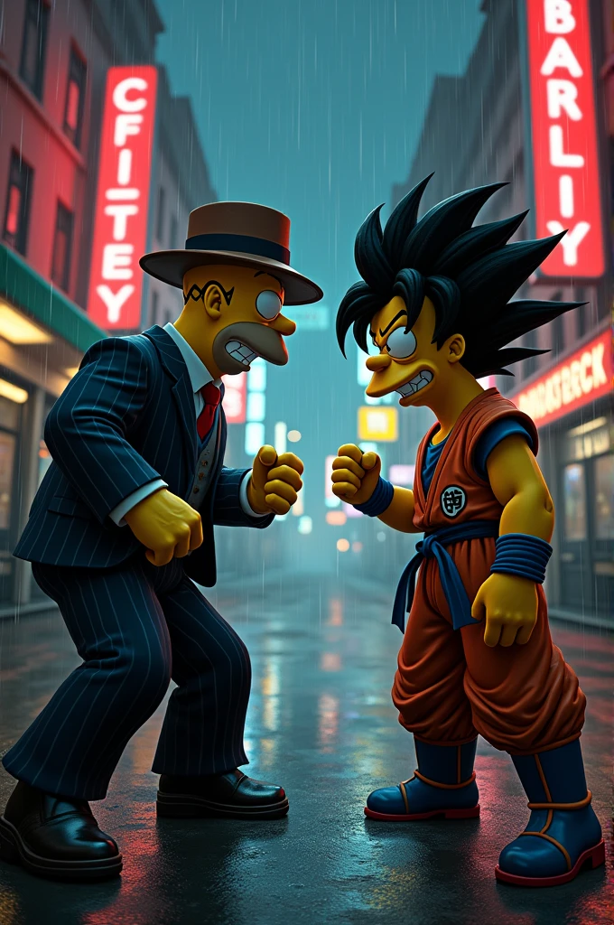 Homer fighting Goku dressed as gangsters 