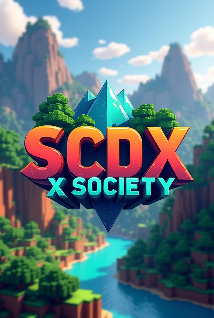 Generate an image with the following: "SCDX" in large and "X SOCIETY" miniature with a Minecraft world in the background 