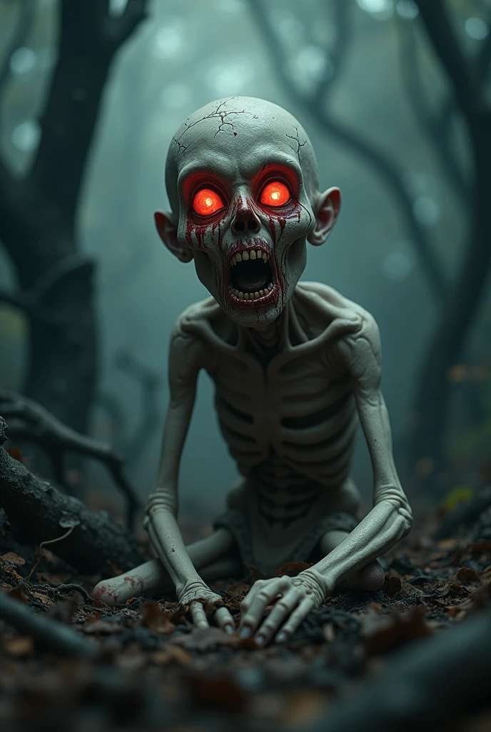 A horrified version of the dry body from Brazilian folklore, displaying a sinister and disturbing presence. The body is pale, with dry, cracked skin that appears to be in an advanced state of decomposition, revealing a barely visible bone structure. The eyes are large and empty, with bright red accents oozing out and staining the eye sockets, as if tears of blood are constantly flowing. The superficial veins and arteries are visible, pulsing with a reddish glow. The facial expression is a mixture of pain and fury, with mouths and nostrils distorted into a grotesque visage. The body is surrounded by an aura of dark, opaque fog, with shadows that seem to move unsettlingly around it. The setting is a dark and desolate forest, with twisted trees and the ground covered in dry, rotting leaves, creating an atmosphere of horror and despair. The environment is lit only by a weak, diffuse light, intensifying the feeling of a palpable nightmare.