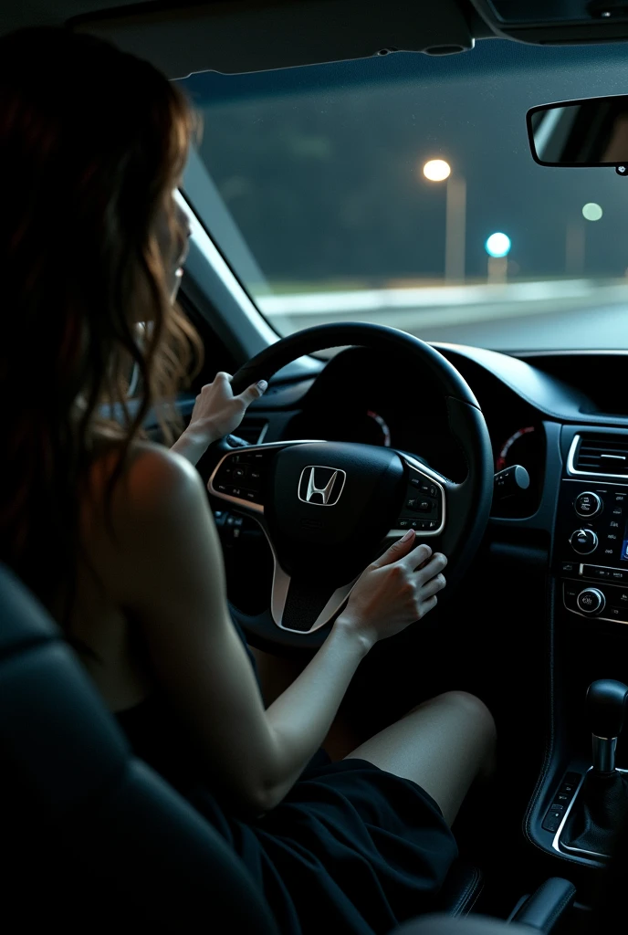 A brunette woman in a black dress, long and loose hair, driving a black honda civic. Rear seat view, showing her hands on the steering wheel and showing her bare feet with white nail polish pressing the pedals. night lighting, cinematic style.