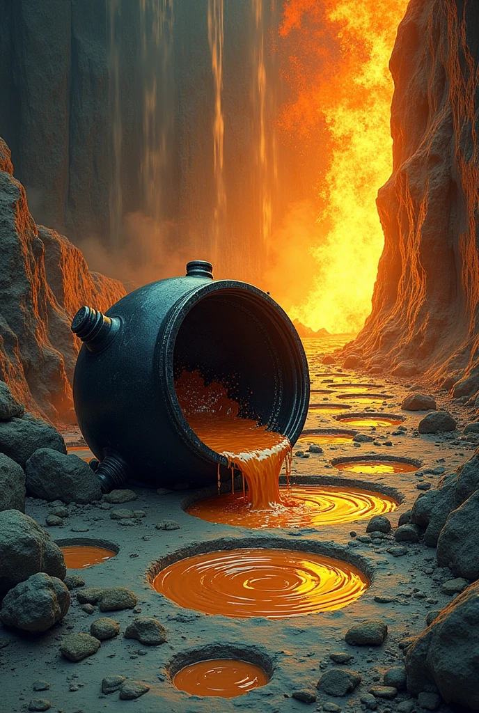 A fallen cauldron, pouring the bubbling liquid onto the floor, filling pores that appear in the earth, with the fire crackling behind . The image should be a little sideways, and it doesn't have to be realistic, I want it to look like an alchemical drawing. The pores are circular. The cauldron is touching the floor and its liquid has a different color. Make a drawing. There are several pores, where the liquid falls, and the fire behind is not a waterfall, but a big bonfire.