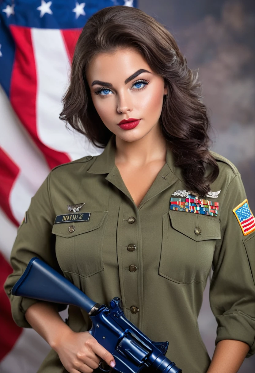 Create a girl who is 1.70, with bushy eyebrows, tanned skin, profiled nose, full lips, voluptuous legs and body, that is dressed for the military, with a gun in his hand, with dark hair and blue eyes, His age is 26 years old, is an American, make it realistic 
