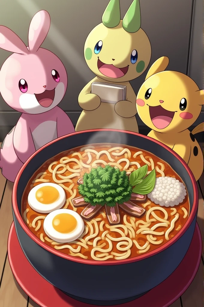 4 pokemon eating ramen the pokemon are ratta shellder,
beedrill,
magic