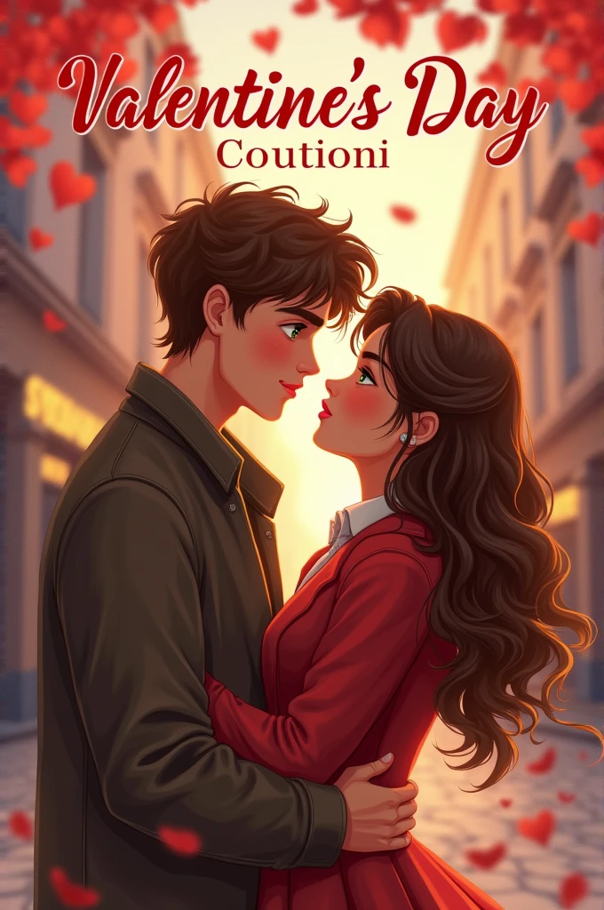 Book cover in Marcella France with a couple the boy is tall with thick honey brown hair, white skin, honey green eyes and thick lips the girl is short with thick wavy brown hair and honey eyes, white skin, pink and thick lips with the title Valentine&#39;s Day Coupon 