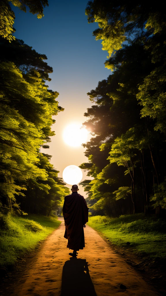 Buddhist monk walking alone in the middle of the forest with a full moon in the background