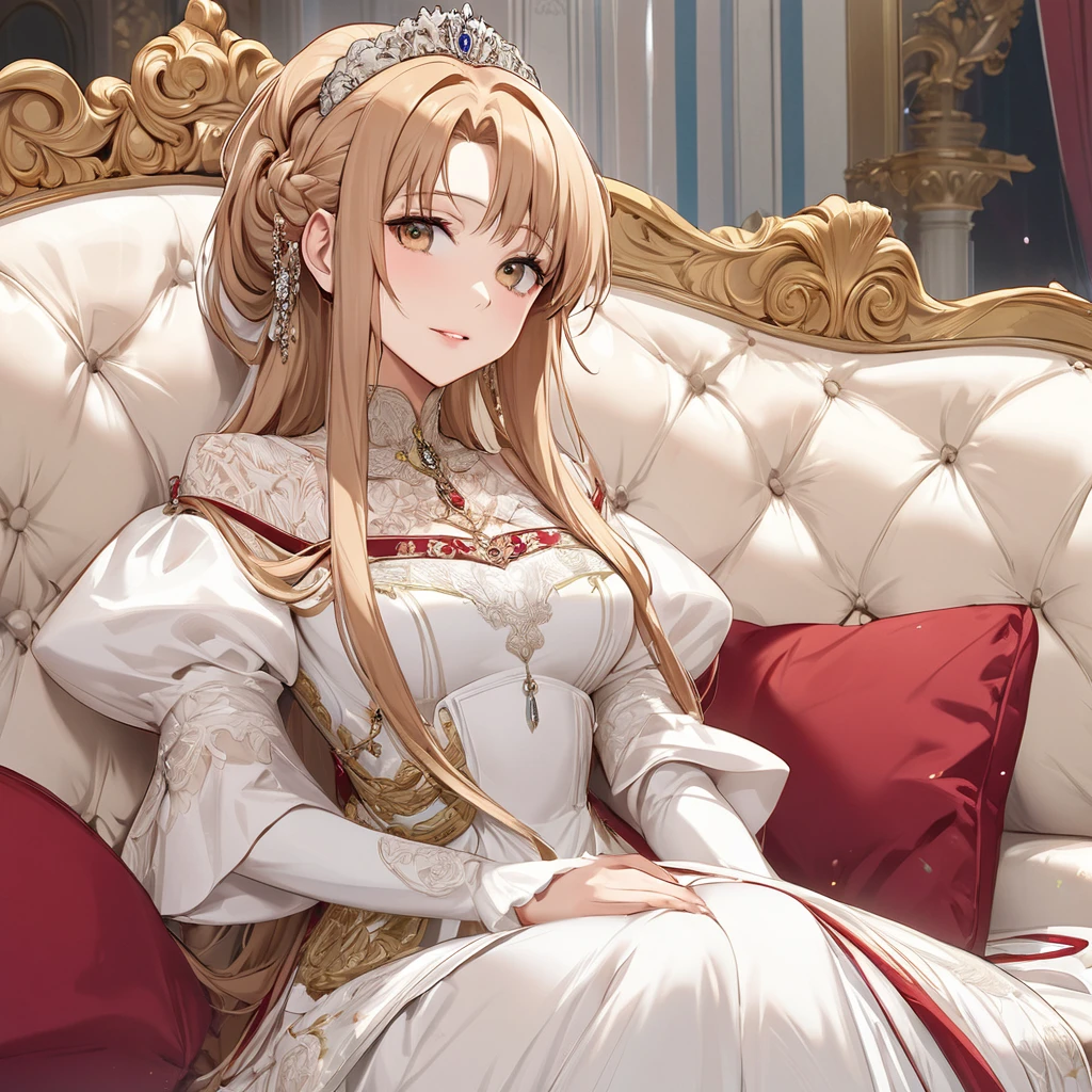 ((Highest quality)), ((masterpiece)), (detailed), (Perfect Face)、The woman is Yuuki Asuna, a Russian with light brown, medium-long hair, an elegant, graceful, beautiful Russian noblewoman, a good wife and mother, and the Empress of the Great Russian Empire.、The woman is beautifully dressed in the gorgeous and glittering gold-colored Russian court dress of an ancient Russian empress, with gorgeous accessories, and a beautiful and luxurious kokoshnik.、The woman is holding a beautiful grown-up daughter on a luxurious sofa in a palace