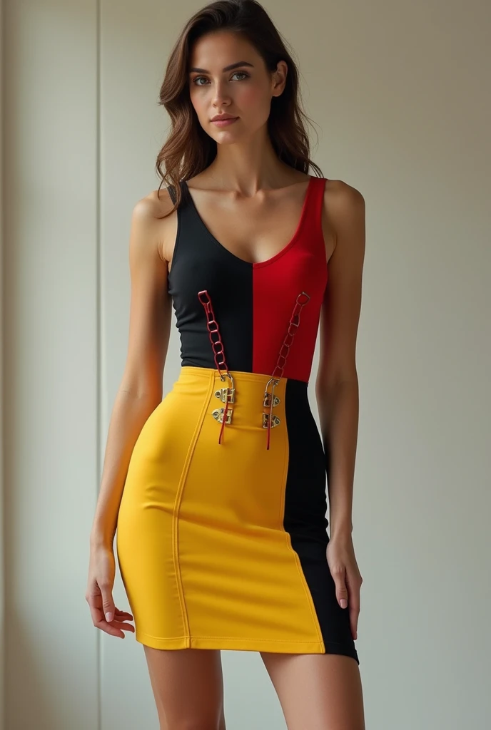 make a short tight dress, com corset, in the colors of the Belgian flag 
