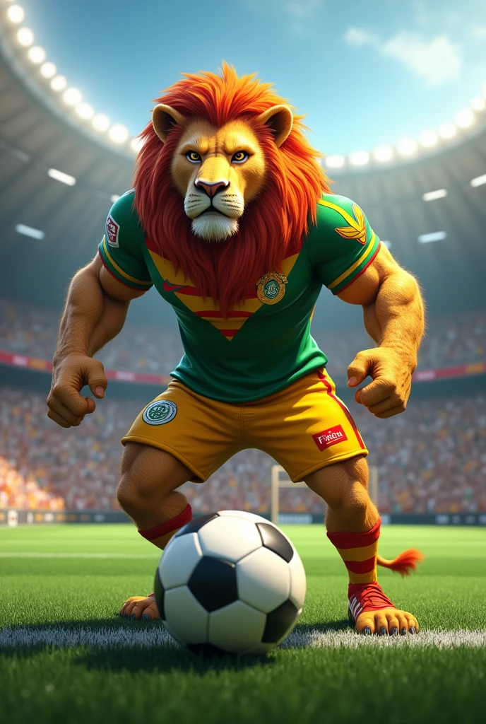 Create a muscular lion playing soccer. The lion should have a strong, athletic appearance, with well-defined muscles. He must be wearing a football uniform in green, red and yellow. The pose must be standing facing forward. The background should be a detailed football field, with a game atmosphere