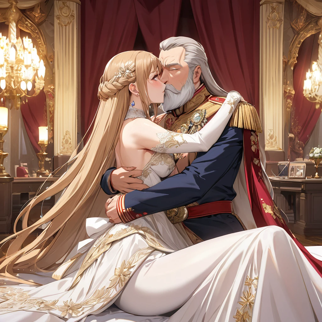 ((Highest quality)), ((masterpiece)), (detailed), （Perfect Face）、The woman is Yuuki Asuna, a Russian with light brown, medium-long hair, an elegant, graceful, beautiful Russian noblewoman, a good wife and mother, and the Empress of the Great Russian Empire.、The woman is beautifully dressed in the gorgeous and glittering gold-colored Russian court dress of an ancient Russian empress, with gorgeous accessories, and a beautiful and luxurious kokoshnik.、The woman is standing next to a great and imposing old Russian emperor with a beard.、The woman is embraced by the great Russian emperor on a luxurious bed in the palace, and they have sex and make love.、The woman is on a luxurious bed in the palace, embracing the great old Russian emperor, kissing him, making love to him, happily having sex with him, and the couple, the old emperor and the young and beautiful empress, are deeply in love.