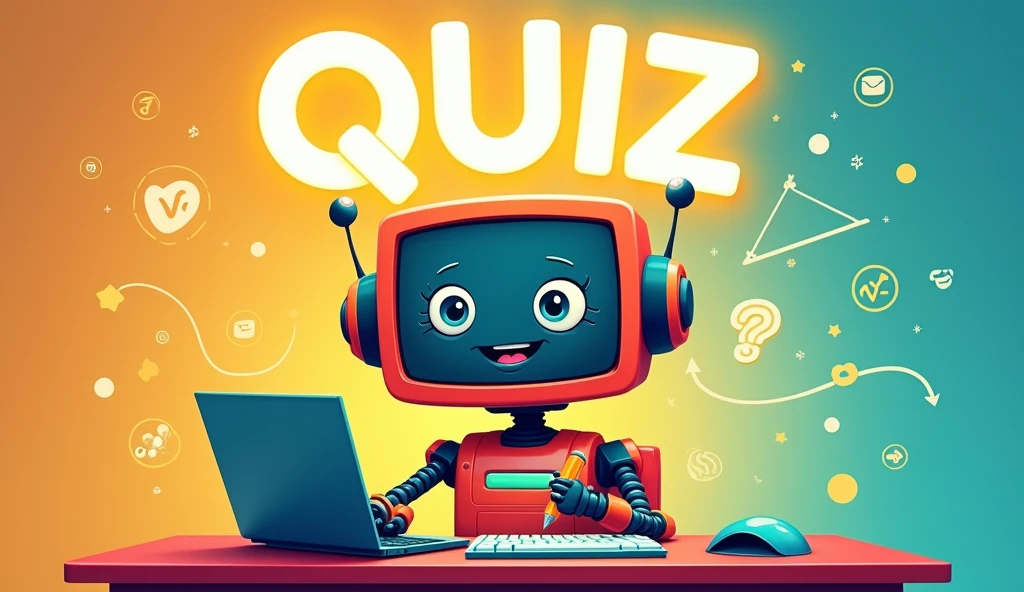The image depicts a friendly and colorful cartoon robot sitting at a desk. The robot has a retro-styled monitor as its head, with large, expressive eyes and a cheerful smile. It is holding a pencil in one hand, ready to take notes or engage in an activity. The robot sits in front of a keyboard and a tablet on the desk, which is surrounded by various digital icons and symbols that seem to float around. The background is vibrant with a gradient of warm colors, transitioning from yellow to blue, filled with abstract shapes, numbers, and technological symbols. Above the robot's head, in large, bold letters, the word "QUIZ" is prominently displayed, glowing brightly and capturing the viewer's attention. The overall atmosphere is playful and educational, suggesting that the robot is ready to guide you through a fun and interactive quiz.