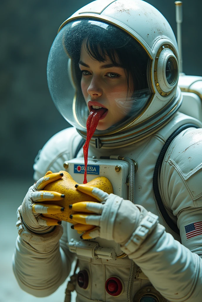 Astronaut outfit sex with the helmet full of water making a tongue out like a dog with a banana sucking sex and a sex pose and a sex face