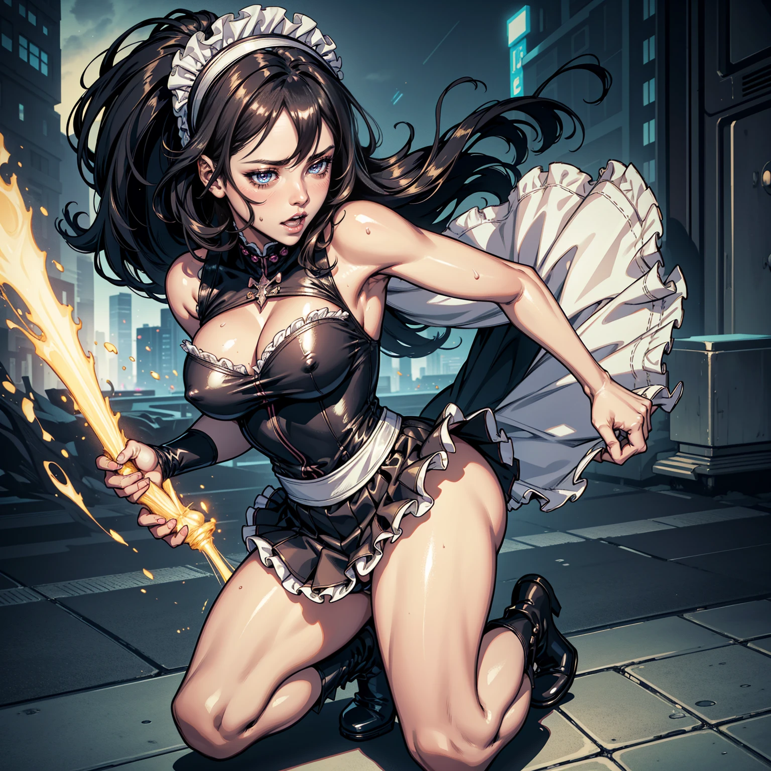 Masterpiece, Best Quality, perfect , perfect face, perfect composition, UHD, 4k, full body,                                                                                                                                                  maid girl with extremely cute and beautiful black hair ,   pturned eyes ,beautiful detailed eyes,finely detailed beautiful eyes ,big highlight on eyes ,slanted eyes , fat , lustrous skin ,bright skin ,skin tanned,shiny skin,very shiny skin,shiny body,plastic glitter skin,exaggerated shiny skin,illuminated skin,wet legs , spider lower abdomen,narrow waist,wide hip,athletic body,inflated legs,delicate detailed fingers,detailed body,human hands,  detailed face , cute,slutty,seductive,erotic,  , zettai ryouiki,  maid headdress ,maid uniform,Headdress, maid ,sleeveless,mini skirt,boots,cleavage cutout,bare legs,clothes with a lot of lace frills, wet clothes,detailed outfit,detailed clothes ,  dynamic pose ),solo focus,embarrassed,blush,sweat, tears,open mouth ,moist eyes, centered,scale to fit dimensions,Rule of thirds , cyberpunk city by the ocean at night, with bright neon signs and dark stormy clouds and puddles,
