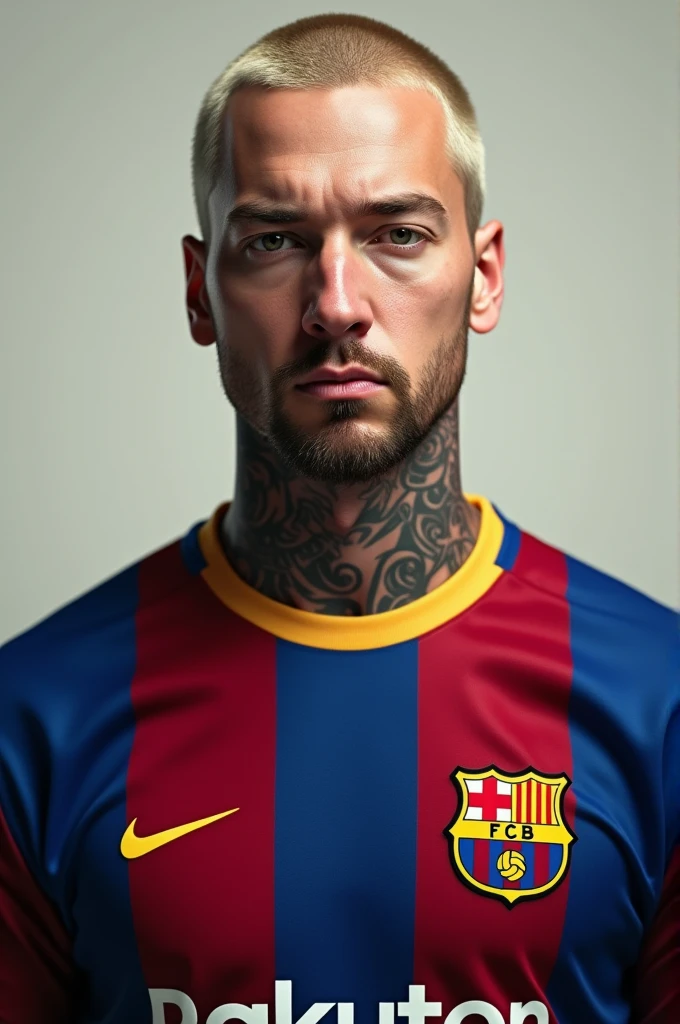 Create an image of Eminem wearing a Barcelona shirt