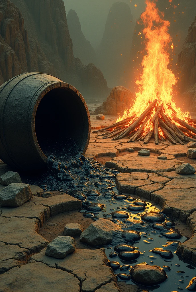 A fallen cauldron, pouring the bubbling liquid onto the floor, filling pores that appear in the earth, with the fire crackling behind . The image should be a little sideways, and it doesn't have to be realistic, I want it to look like an alchemical drawing. The pores are circular. The cauldron is touching the floor and its liquid has a different color. Make a drawing. There are several pores, where the liquid falls, and the fire behind is not a waterfall, but a big bonfire. The liquid is dark in color and all of it is spreading into the pores.