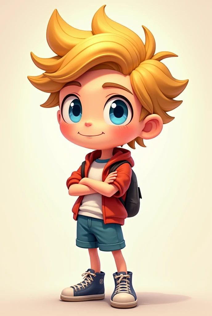 Cartoon age boy with blue eyes and blond hair, handsome anime guy, full body