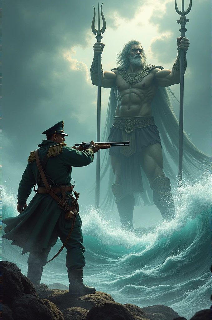Enlighten me to Mr. Miguel Grau in the sea fighting against the god of the seas (Poseidon) miguel grau portando una escopeta y Poseidon su tridente