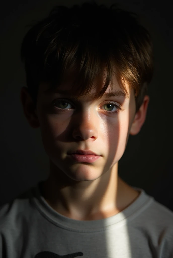 Image of a 15 year old boy with shadows behind him looking at his eyes