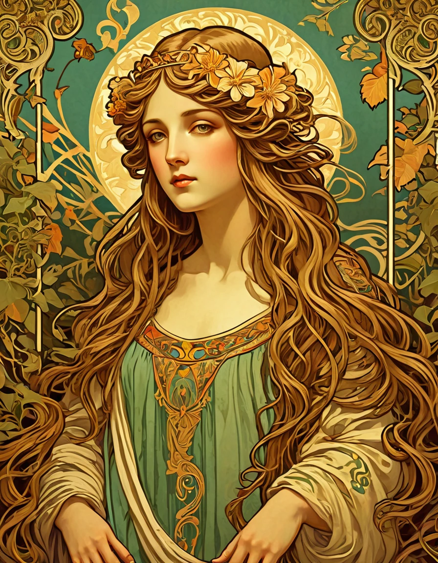 old (Masterpiece, Best Quality, Highres:1.2) Art Nouveau Style Beautiful Woman with Long Hair Shaped as Flowers in the Style of Alphonse Mucha, portrait of a beautiful cute, very beautiful, standing artistically, realistic natural, professional light distribution, very artistic lighting gradation, artistic detail, highly detailed, centered, Nymph-pattern vintage wallpaper with dramatic backlighting casting deep shadows, featuring a meticulously crafted illustration inspired by Dan Mumford and Alphonse Mucha, hyper-realistic and photorealistic textures, extremely detailed with intricate floral and foliage elements, octane rendered in 8K (extremely detailed 8k wallpaper), Golden ratio, hidden ancient Greek symbols (, Spiral), balanced design, color harmony, Vernis Martin, golden, ancient mythology, artistically twisted edges, reminiscent of old-world craftsmanship with a contemporary edge, volumetric lighting, ultra fine details