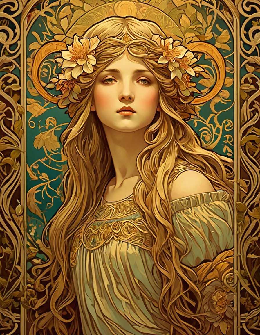 old (Masterpiece, Best Quality, Highres:1.2) Art Nouveau Style Beautiful Woman with Long Hair Shaped as Flowers in the Style of Alphonse Mucha, portrait of a beautiful cute, very beautiful, standing artistically, realistic natural, professional light distribution, very artistic lighting gradation, artistic detail, highly detailed, centered, Nymph-pattern vintage wallpaper with dramatic backlighting casting deep shadows, featuring a meticulously crafted illustration inspired by Dan Mumford and Alphonse Mucha, hyper-realistic and photorealistic textures, extremely detailed with intricate floral and foliage elements, octane rendered in 8K (extremely detailed 8k wallpaper), Golden ratio, hidden ancient Greek symbols (, Spiral), balanced design, color harmony, Vernis Martin, golden, ancient mythology, artistically twisted edges, reminiscent of old-world craftsmanship with a contemporary edge, volumetric lighting, ultra fine details
