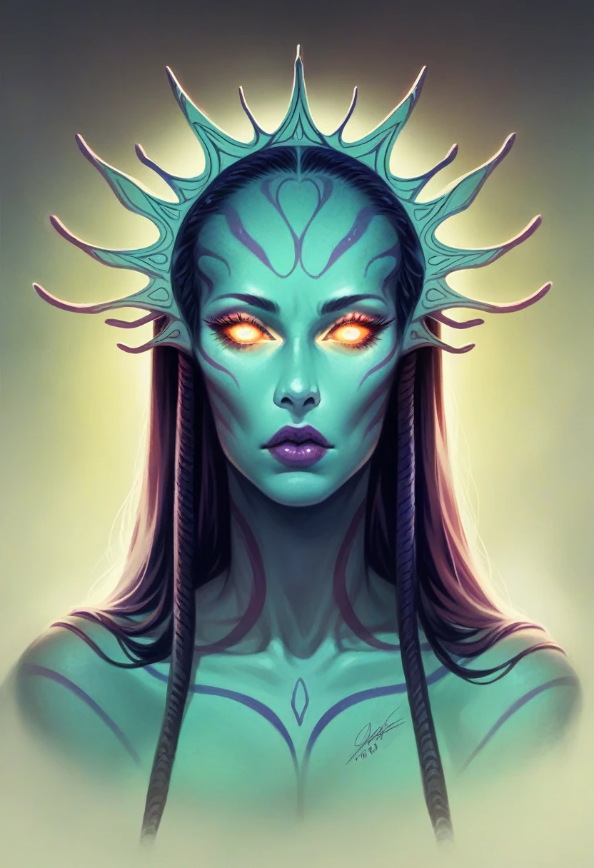 realistic portrait of an alien woman, 1 female alien, beautiful detailed eyes, beautiful detailed lips, extremely detailed face, long eyelashes, intricate alien facial features, striking alien skin tones, glowing eyes, mysterious alien expression, flowing alien hair, futuristic alien headdress, alien jewelry, ornate alien costume, intricate alien tattoos, complex alien pattern on skin, cinematic lighting, dramatic lighting, dramatic color palette, photorealistic, hyper detailed, 8k, (best quality, 4k, 8k, highres, masterpiece:1.2), ultra-detailed, (realistic, photorealistic, photo-realistic:1.37)