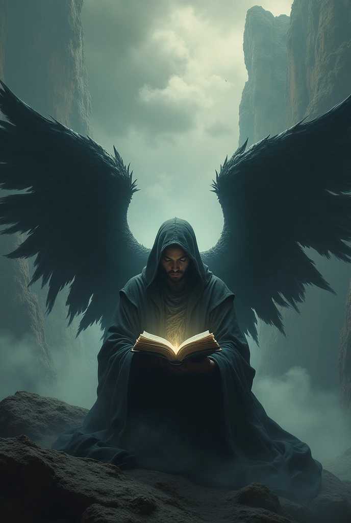 dark scenery, an enlightened person with angel and demon wings reading a book calmly in that chaotic scene. I want a wallpaper for my cell phone that is very deep.