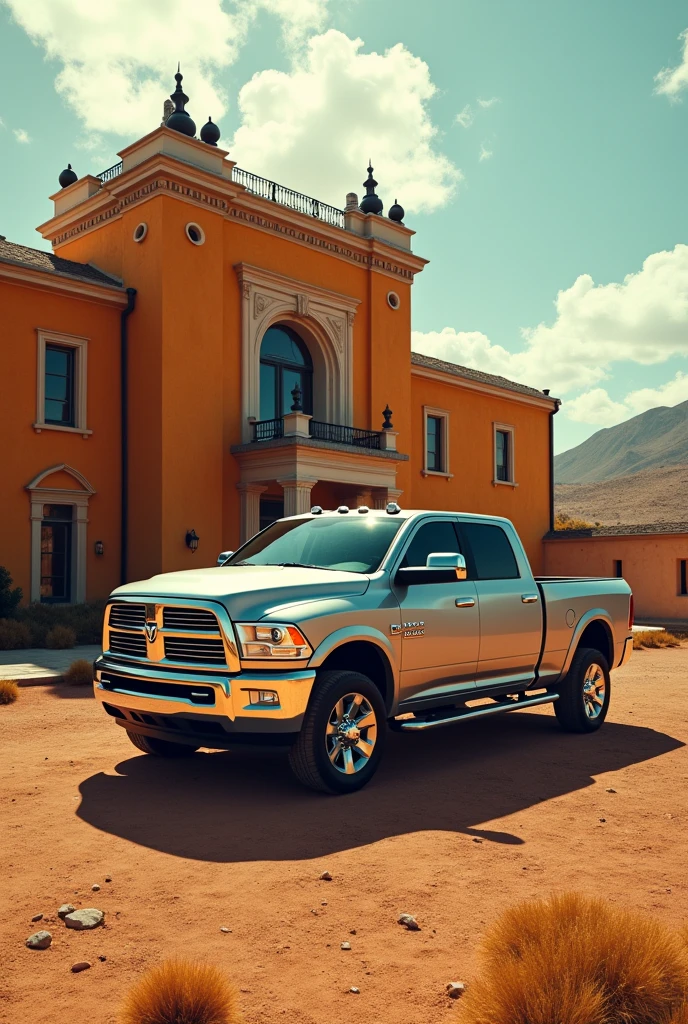 A silver 2011 Dodge Ram on a drug ranch with a large orange mansion and bodyguards