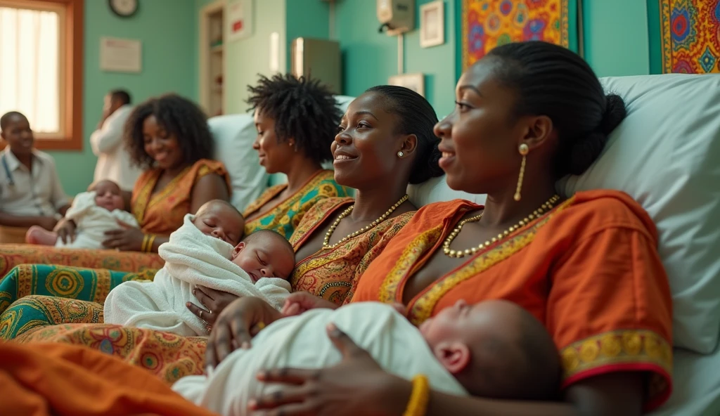 Group of Nigerian women giving birth in the hospital around the early 2000s in a place that looks safe. Make the image 16 by 9 in aspect ratio. Make the setting Nigerian