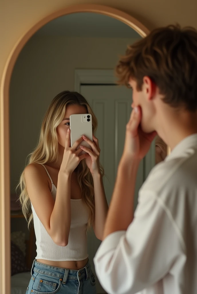 Photograph of a 22-year-old white-skinned young man, thin light-haired girl in front of the mirror covering her face with her white iPhone 13 in casual clothes in a neutral room with somewhat blonde and brown hair.