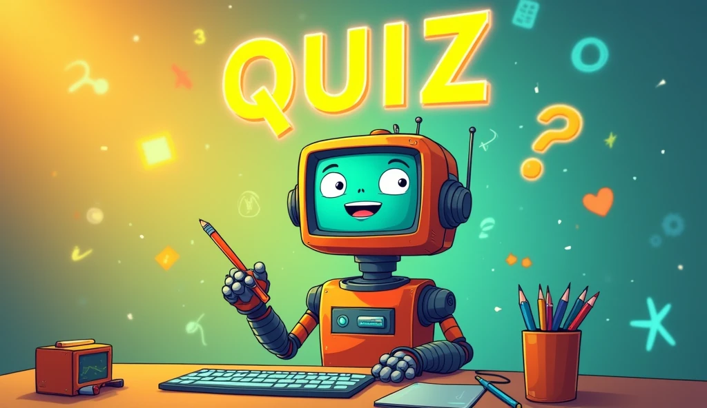 The image depicts a friendly and colorful cartoon robot sitting at a desk. The robot has a retro-styled monitor as its head, with large, expressive eyes and a cheerful smile. It is holding a pencil in one hand, ready to take notes or engage in an activity. The robot sits in front of a keyboard and a tablet on the desk, which is surrounded by various digital icons and symbols that seem to float around. The background is vibrant with a gradient of warm colors, transitioning from yellow to blue, filled with abstract shapes, numbers, and technological symbols. Above the robot's head, in large, bold letters, the word "QUIZ" is prominently displayed, glowing brightly and capturing the viewer's attention. The overall atmosphere is playful and educational, suggesting that the robot is ready to guide you through a fun and interactive quiz. The images should be in emareld green colour.