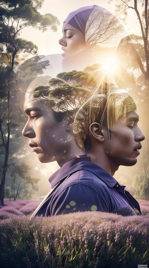 Combine a portrait of a Indonesia man and a Indonesia girl in hijab with a serene natural lavender landscape, creating a harmonious double exposure effect, double exposure drama poster style,