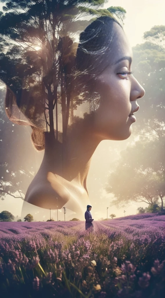 Combine a portrait of a Indonesia man and a Indonesia girl in hijab with a serene natural lavender landscape, creating a harmonious double exposure effect, double exposure drama poster style,