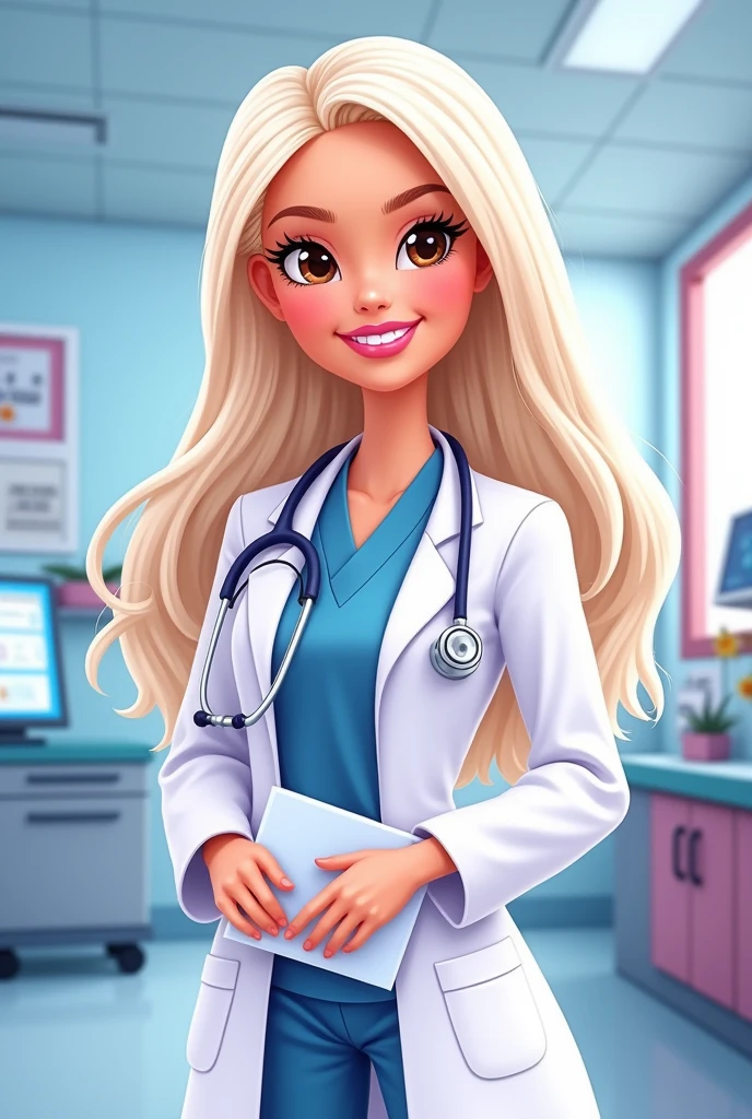Barbie cartoon doctor brown eyes white hair