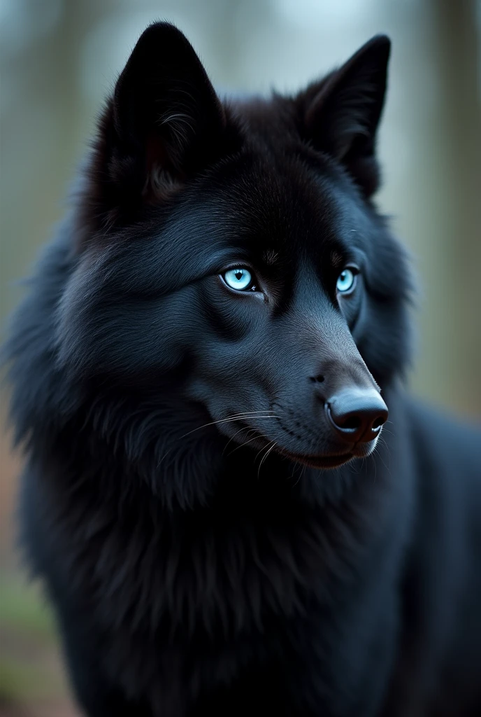 An black furry Wolf Wirth Cyan eyes and Coat line