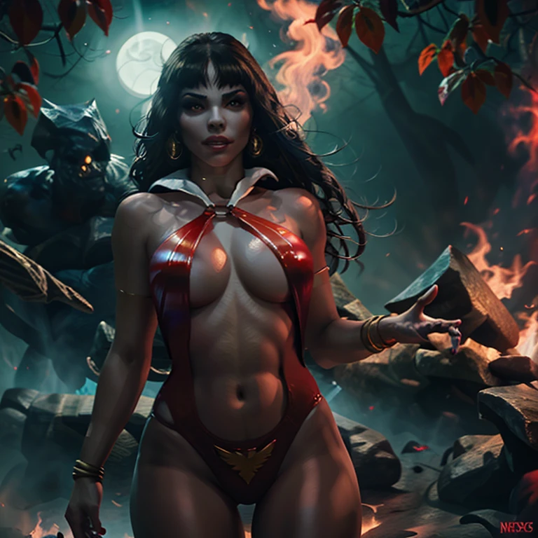 sexual vampirella wearing a deep V red swimsuit, flames of hell, hellish background, demons and fire, oily shiny skin, Red eyes) Athletic and toned body, Naughty, promiscuous, perfect hands, detailed hands, преRed eyes, detailed eyes, flirty, sexual, Naughty, big funny , realistic, HDR, uhd, Dynamic, foreground, dark outside. Moonlight, glowing Red eyes