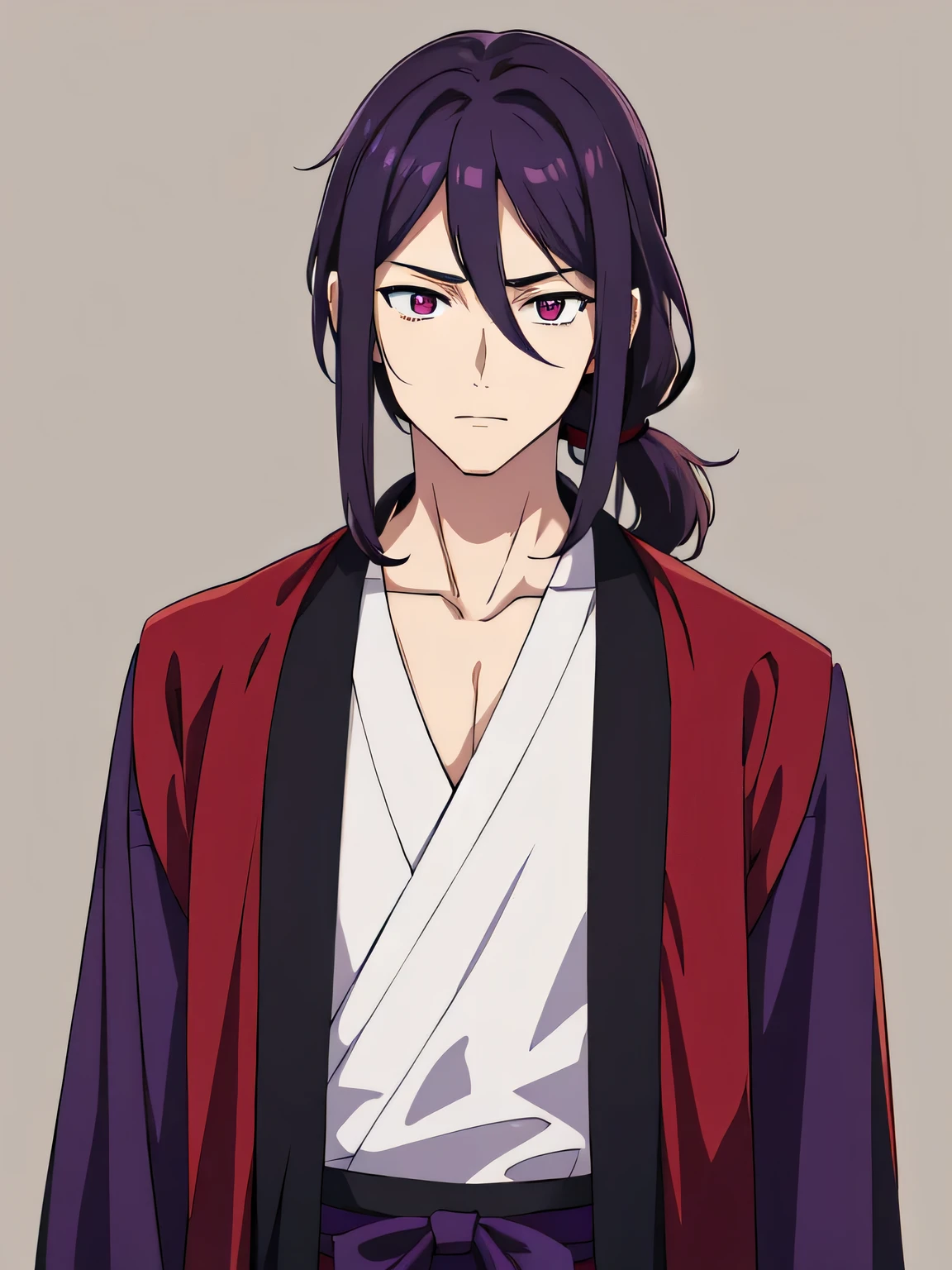 masterpiece, best quality, highres, anime, male, 1man, dark purple hair, tied hair, hakama, red eyes, lanlingwang, neutral face, simple background