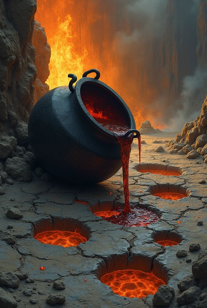 A fallen cauldron, pouring the bubbling liquid onto the floor, filling pores that appear in the earth, with the fire crackling behind . The image should be a little sideways, and it doesn&#39;t have to be realistic, I want it to look like an alchemical drawing. The pores are circular. The cauldron is touching the floor and its liquid has a different color. Make a drawing. There are several pores, where the liquid falls, and the fire behind is not a waterfall, but a big bonfire. The liquid is dark in color and all of it is spreading into the pores. Do not make the drawing simulating the realistic design.