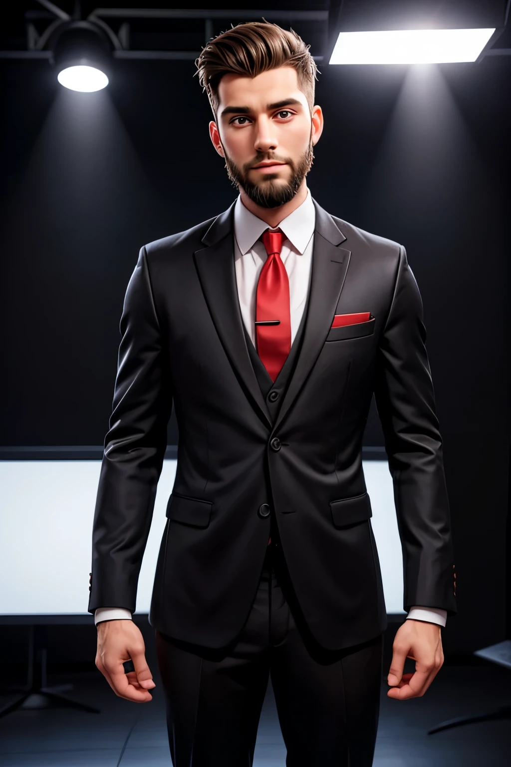 create a 23 year old presenter, he should wear a black suit with a red tie, and it has to have a completely black background behind it, He must have a beard and studio lighting in the photo as if he were presenting a subject about finance.\