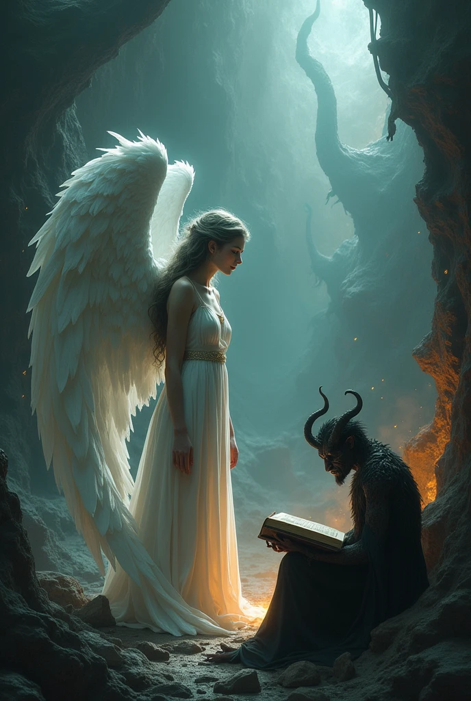 Dark scenery, a person with angel wings and a demon reading a book calmly in that chaotic setting. I want a wallpaper for my cell phone that is very deep.