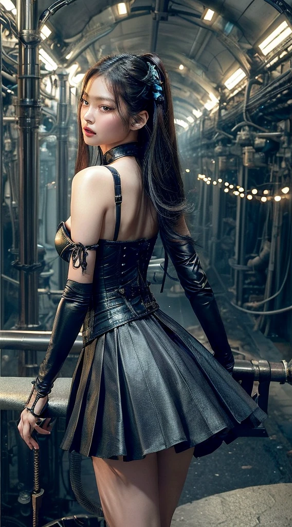 (((masterpiece)))、((top-quality))、(The ultra-detailed)、(CG Illustration)、(Very Beautiful ))、Cinematic Light、((1 Mechanical Girl))、 Science fiction、Apocalypse、Erotic grotesque、research institute(Beautiful and indulgent:1.2)、(1girl in:1.3)、Facing the front,A darK-haired,Corset belt,blue high waist skirt, Jennie Kim face.
