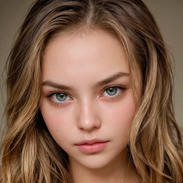 Create a template of four images of this face with different poses, tied hair, long hair and short hair but always with the same face.