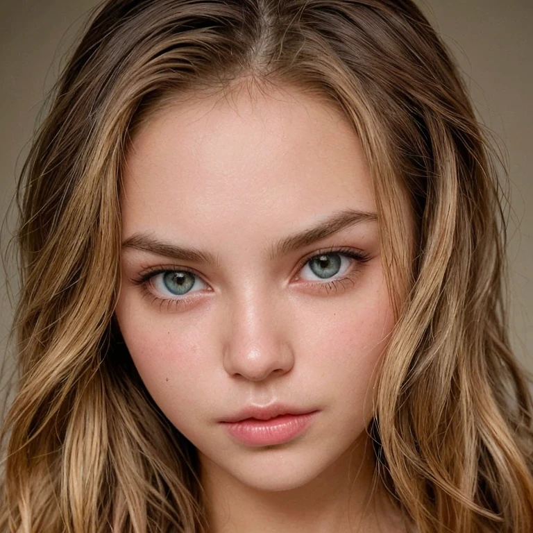 Create a template of four images of this face with different poses, tied hair, long hair and short hair but always with the same face.