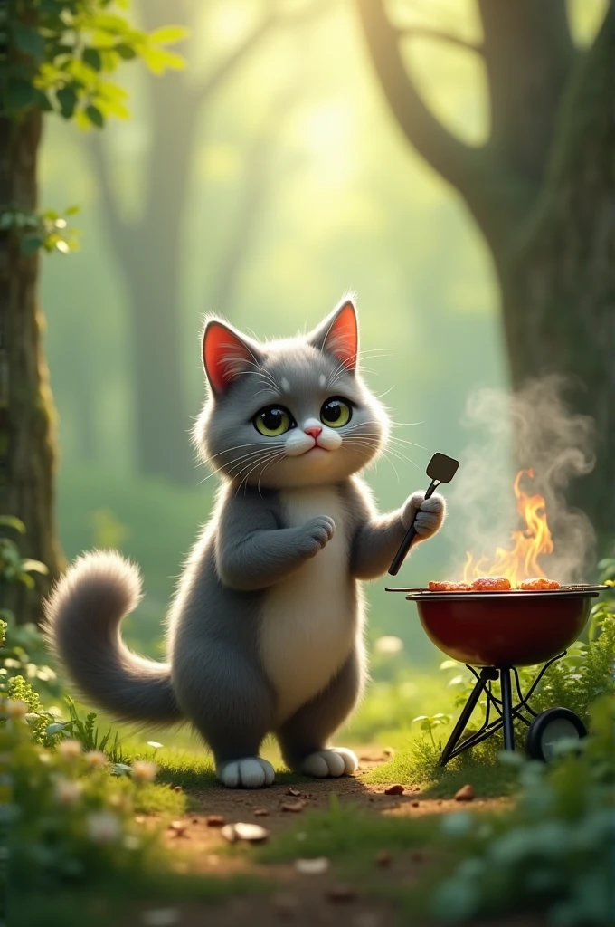 "A cute gray cat standing upright in a forest, having a barbecue. The full body of the cat is visible, and it is surrounded by trees and nature